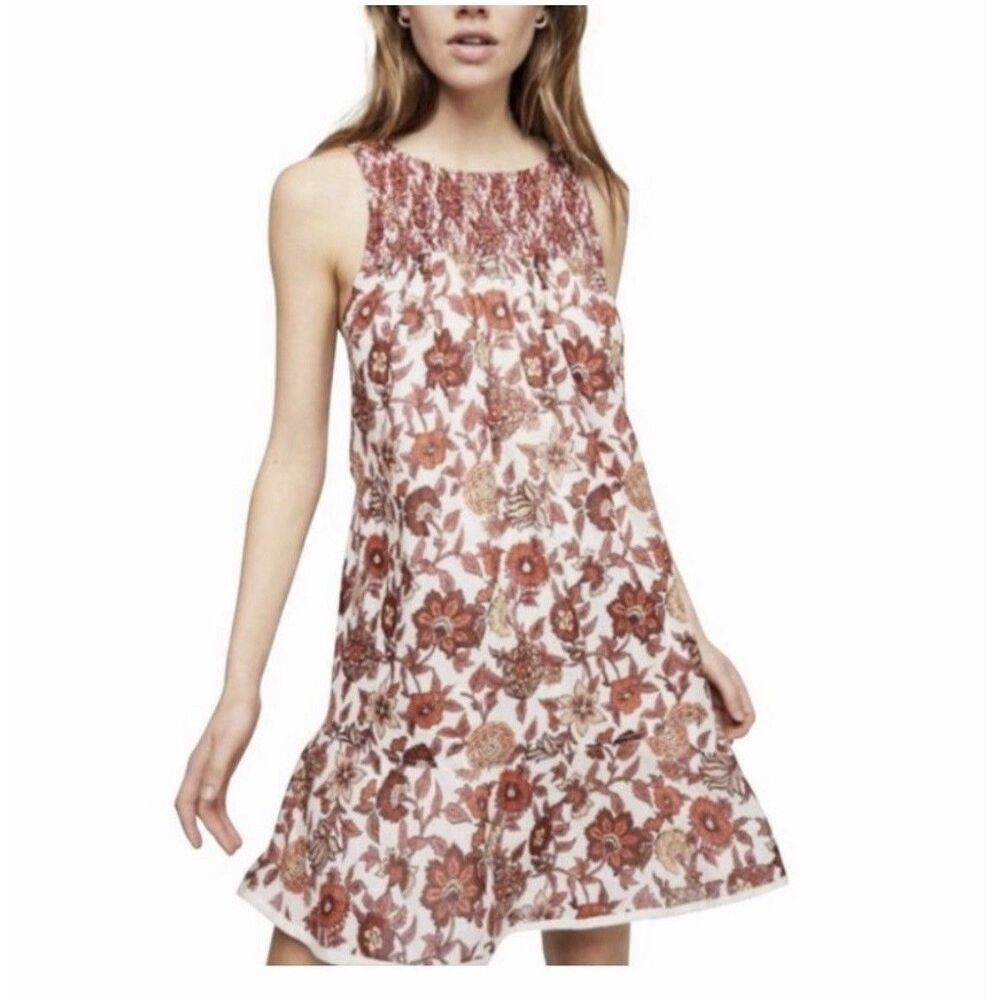 Free People Floral Mini Dress Womens XS Cream Rust Smocked High Neck Boho V-Back